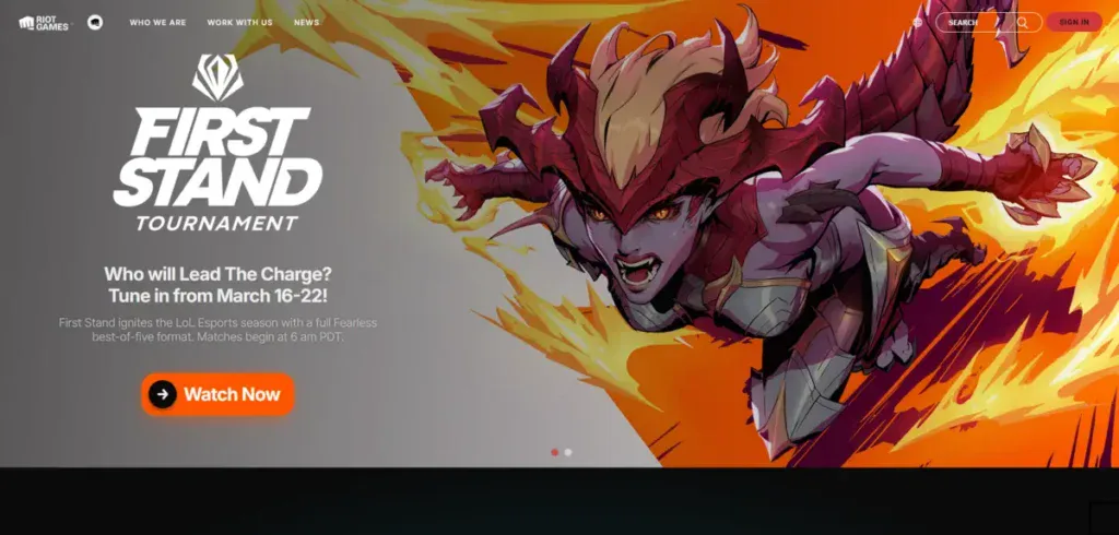 Riot Games business website with their latest release on their homepage
