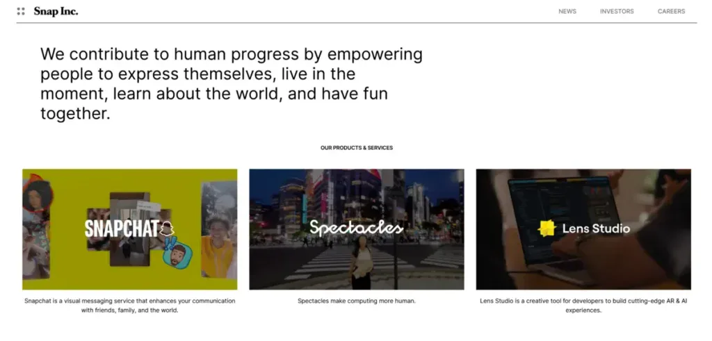 Snap Inc business website showing all of their pages