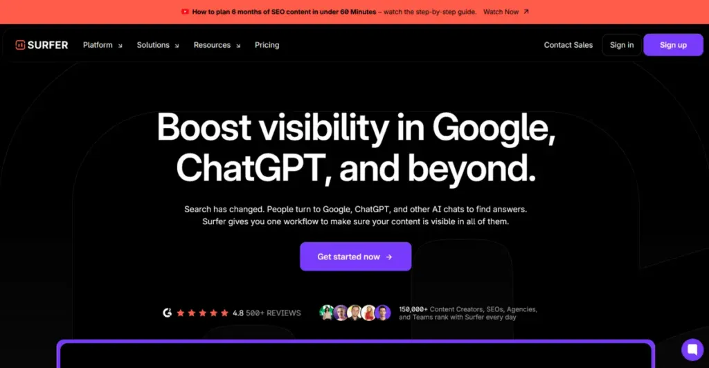 Surfer SEO business page explaining what their service provides