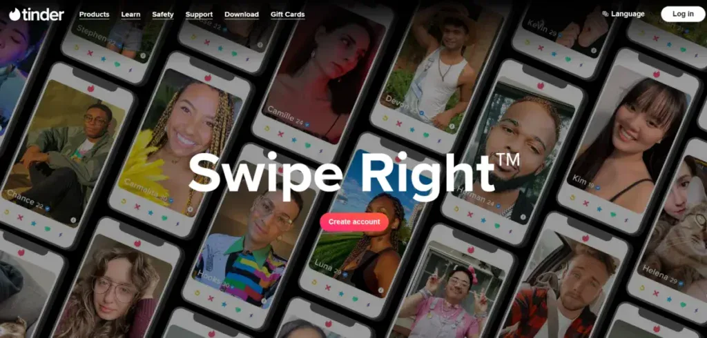 Tinder business website showing their slogan