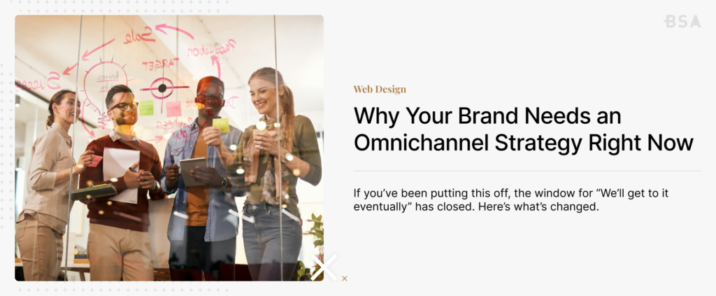 Card 01 on omnichannel strategy with an image on the left of a team working on a new strategy