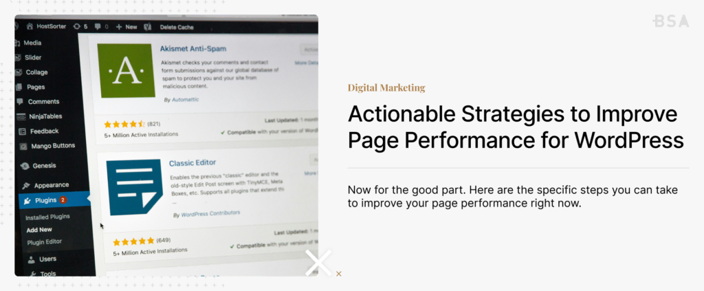 Card on WordPress Performance for Websites with an image of the WordPress dashboard to the left.