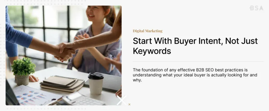 Card on buyer intent for SEO with an image on the left of people shaking hands