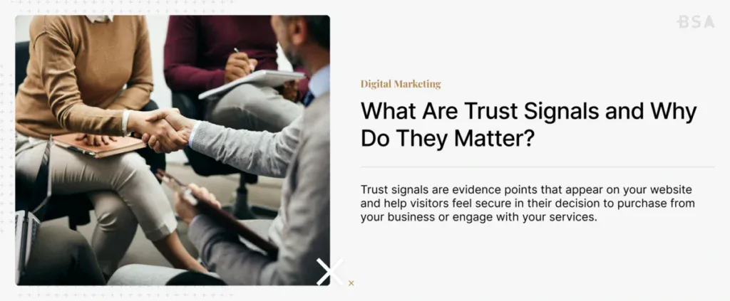 Card on how to build trust signals with an image of two people shaking hands