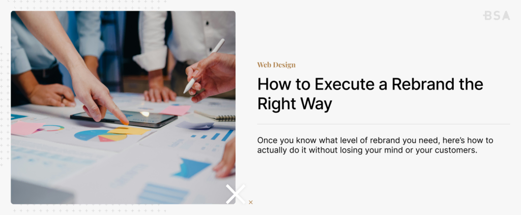 Card on rebranding and when to do it with an image of a team working on rebranding strategies on the left